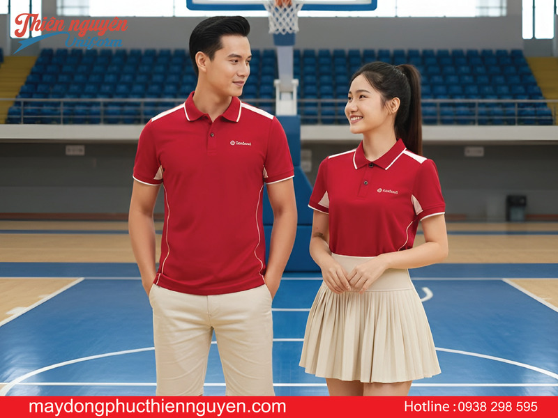 may in áo thun đồng phục màu đỏ phối trắng tại Bình Dương - Thiên Nguyên uniform