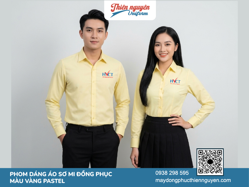 Phom dáng mẫu áo sơ mi màu vàng pastel