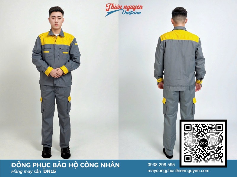 Mẫu đồng phục bảo hộ lao động màu xám kết hợp với màu vàng nổi bật