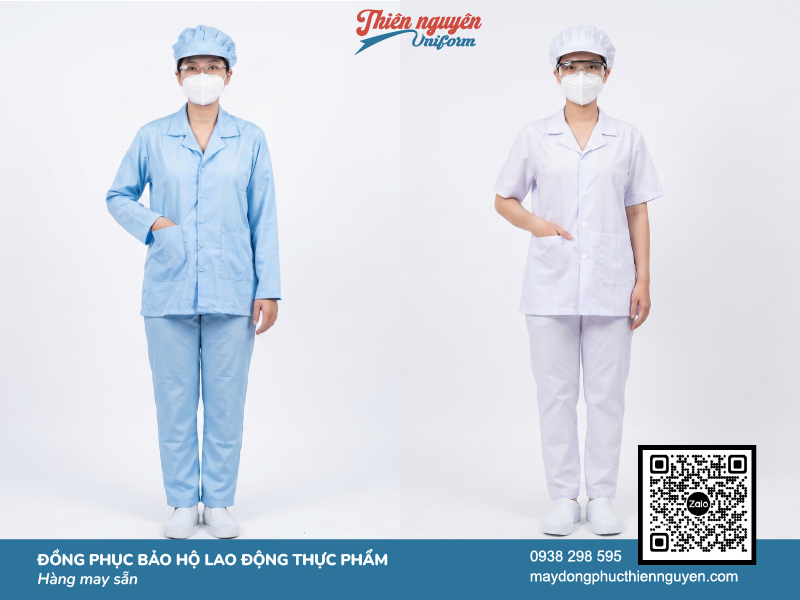 Mẫu quần áo bảo hộ lao động thiết kế cổ bẻ với 2 phiên bản màu xanh dương và trắng