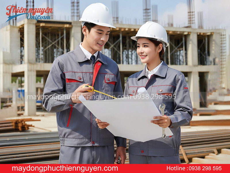 mẫu quần áo bảo hộ lao động màu xám phối đỏ - Thiên Nguyên Uniform
