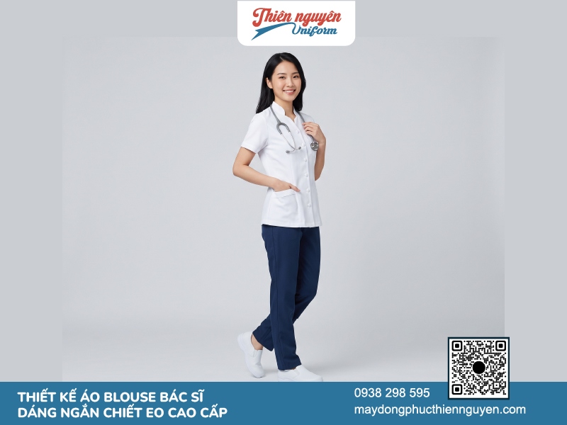 Thiết kế dáng áo blouse bác sĩ ngắn, có chiết eo tôn dáng dành cho bác sĩ nữ