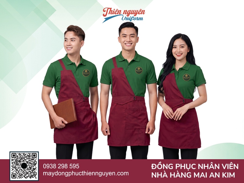 Mẫu đồng phục phục vụ nhà hàng với thiết kế tạp dề chéo độc đáo kết hợp với áo thun polo và quần tây