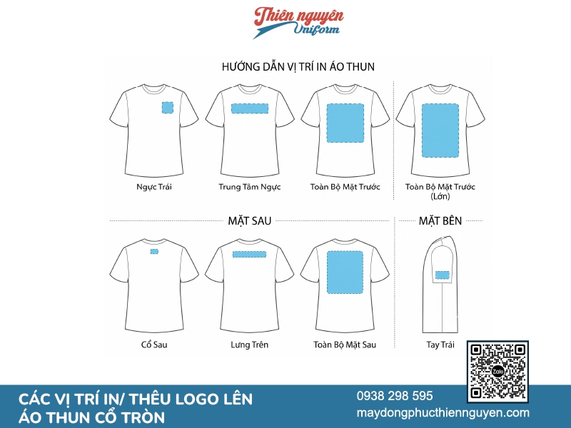 Các vị trí in thêu logo lên áo thun đồng phục