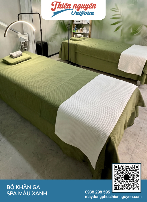 Trọn bộ khăn chăn ga giường spa tông màu xanh thiên nhiên