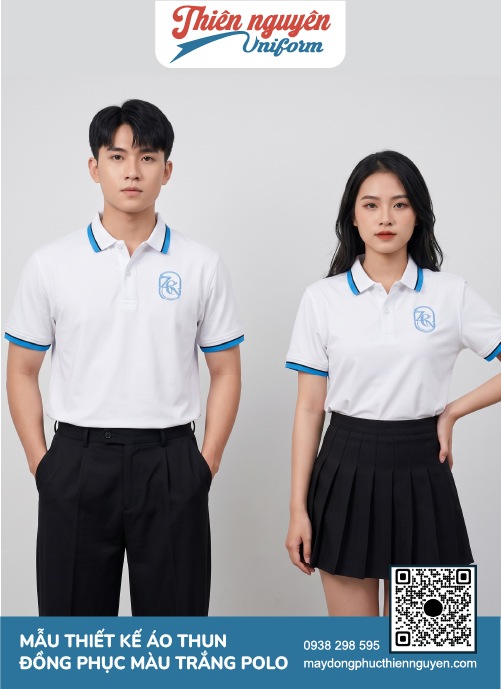Mẫu đồng phục áo thun polo màu trắng tinh khôi phối với viền màu xanh dương