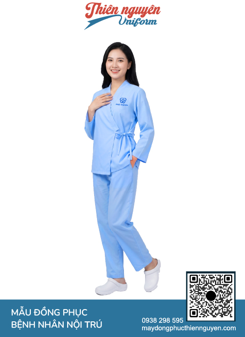 Bộ đồng phục bệnh nhân kiểu vạt chéo dây cột màu xanh dương