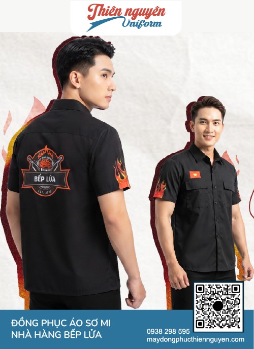 Mẫu áo sơ mi đồng phục nhân viên nhà hàng màu đen tuyền