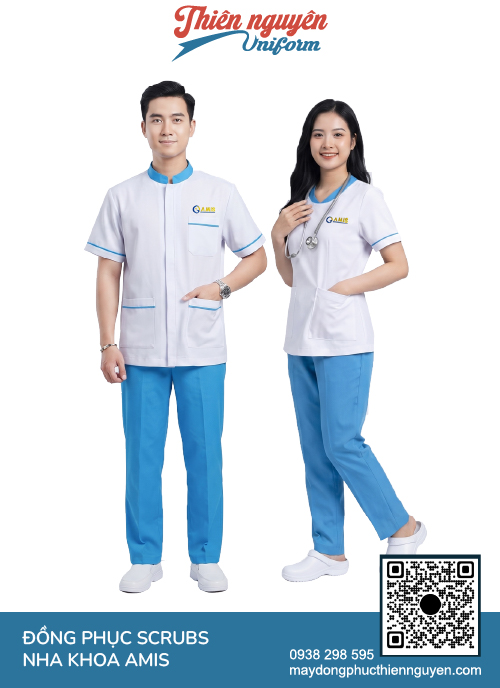 Mẫu đồng phục scrubs nha khoa viền xanh dương