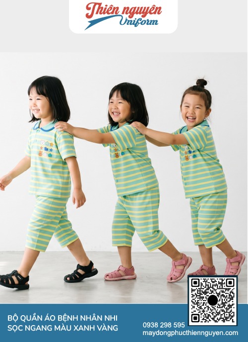 Bộ quần áo bệnh nhân nhi sọc ngang vàng xanh