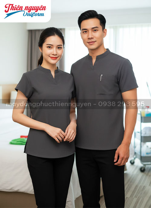 Đồng phục buồng phòng khách sạn cho nam nữ màu xanh - 43