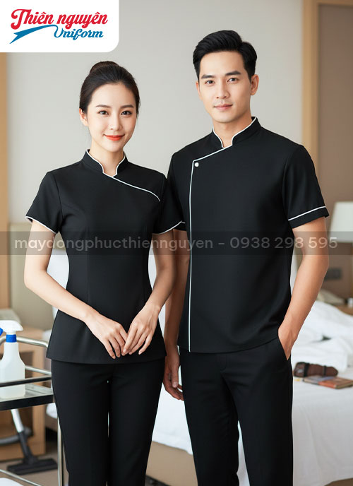 Đồng phục buồng phòng khách sạn cho nam nữ màu đen - 40