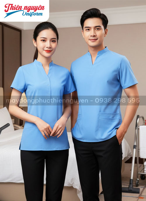 Đồng phục buồng phòng khách sạn cho nam nữ màu xanh thiên thanh - 45