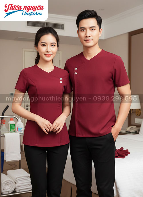 Đồng phục buồng phòng khách sạn cho nam nữ màu đỏ đô - 39