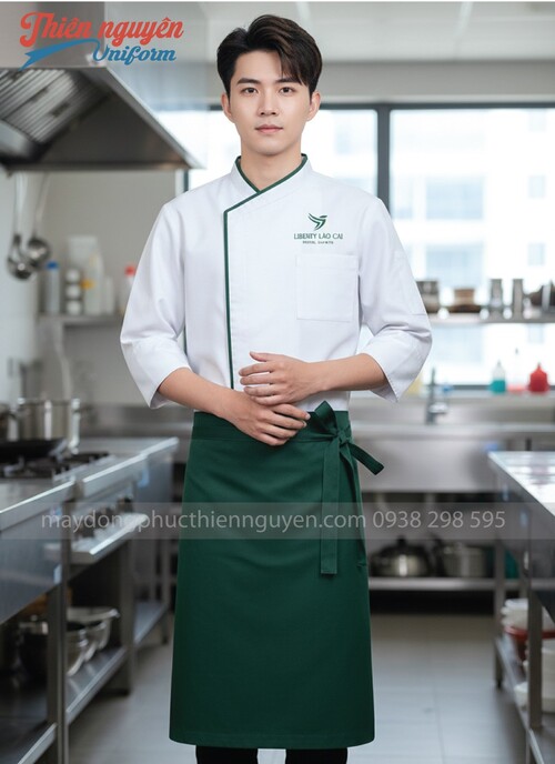 Đồng phục đầu bếp màu trắng phối xanh - 027