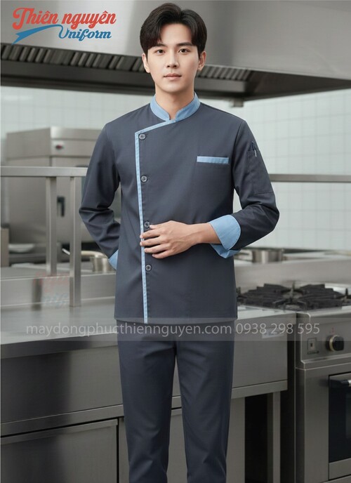 Đồng phục đầu bếp màu xám  phối xanh ngọc - 032