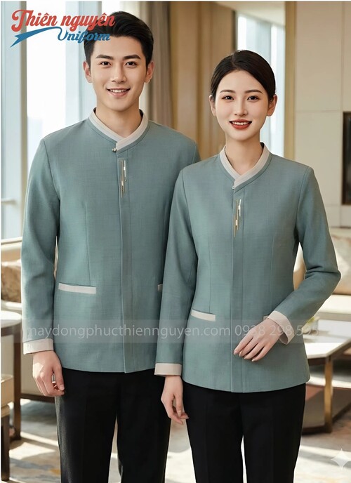 Đồng phục tạp vụ nam nữ màu xanh pastel- 035