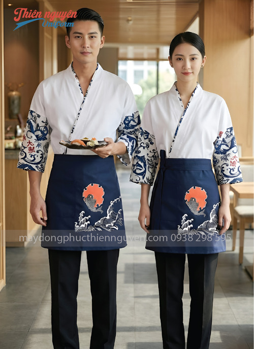 Đồng phục nhân viên nhà hàng Nhật phối họa tiết- 007