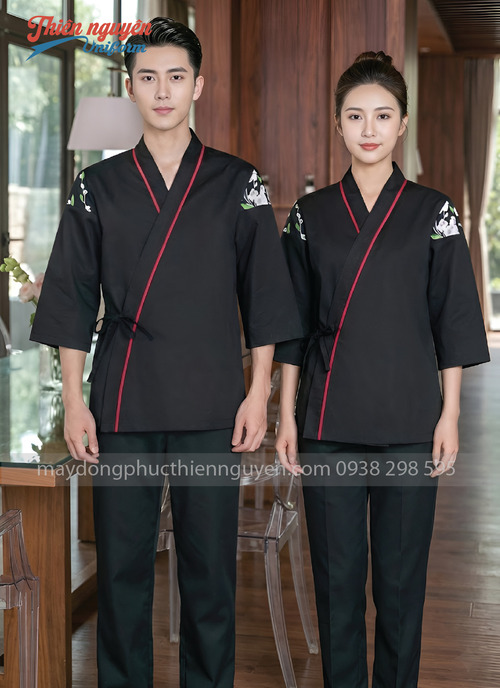 Đồng phục phục vụ nhà hàng Nhật màu đen phối viền đỏ- 009