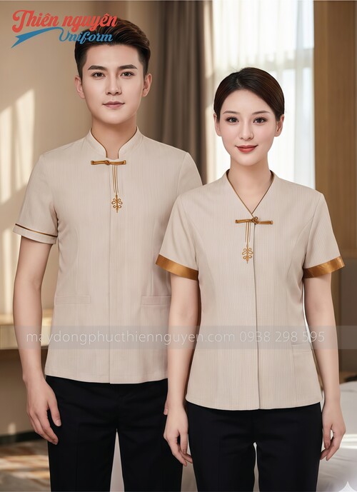 Đồng phục tạp vụ nam nữ màu kem phối màu vàng - 038