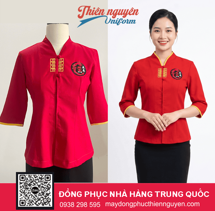 Đồng phục nhà hàng Trung Quốc màu đỏ thêu họa tiết chữ Vạn màu vàng