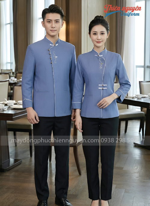 Đồng phục nhân viên nhà hàng Trung Quốc màu xanh - 004