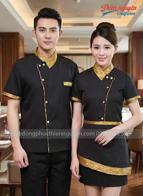 Đồng phục phục vụ nhà hàng Thái màu đen phối họa tiết - 004