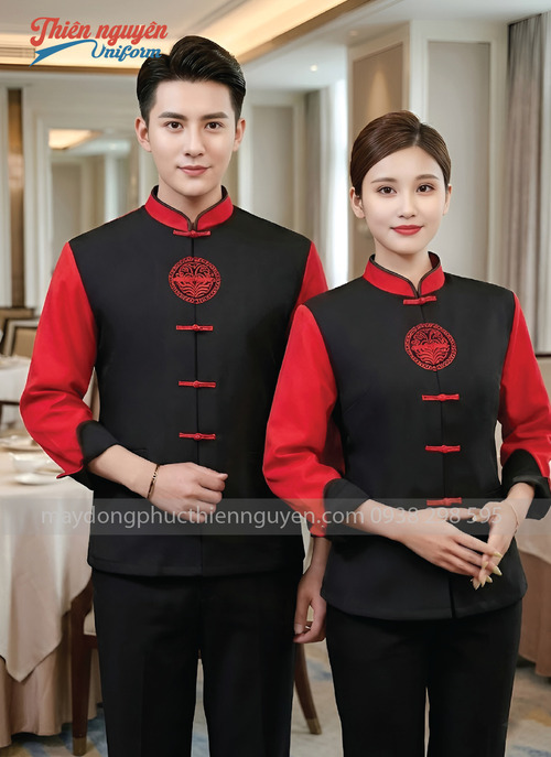Đồng phục phục vụ nhà hàng Trung Quốc màu đen phối đỏ - 003