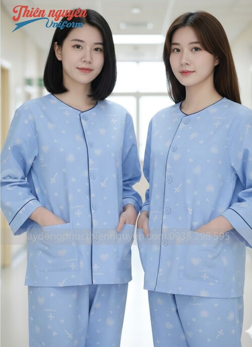 Đồng phục quần áo bệnh nhân màu xanh họa tiết - 47