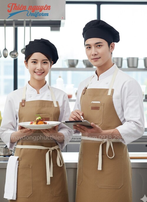 Tạp dề đầu bếp màu nâu phối kem - 008