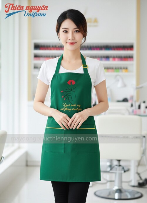 Tạp dề nail màu xanh phối viền vàng - 003