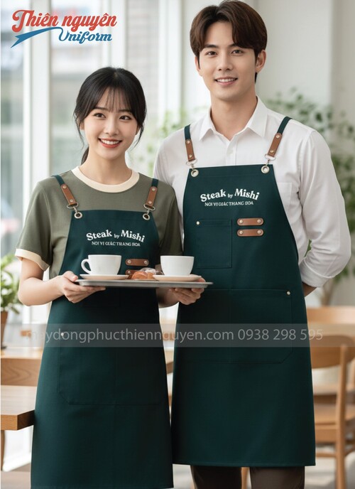 Tạp dề nhân viên phục vụ quán cafe màu xanh rêu - 006