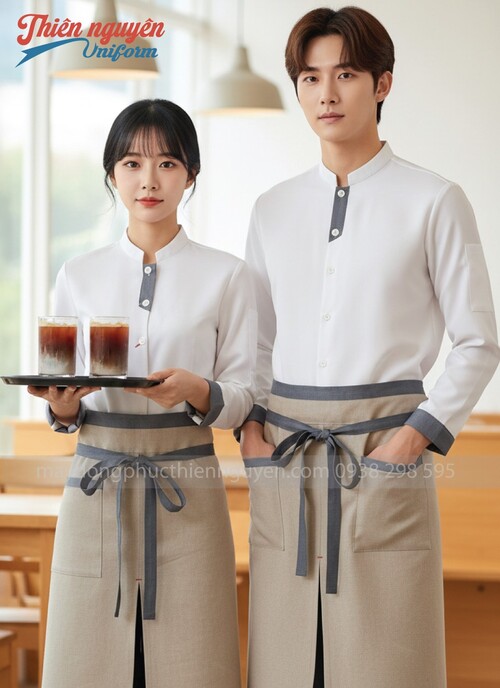 Tạp dề quán cafe màu kem phối xám - 004