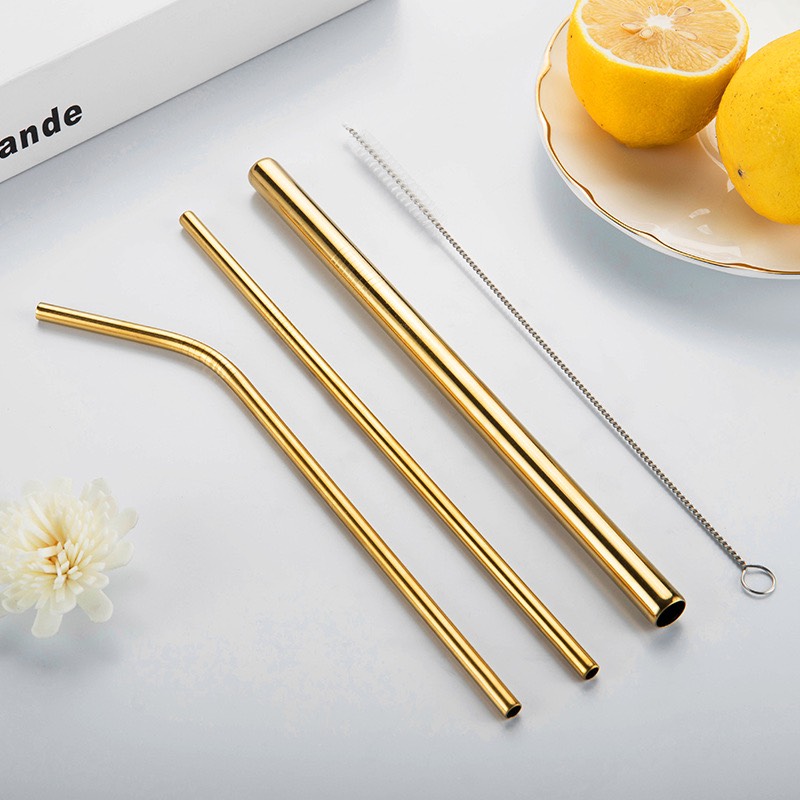 Sét 3 Ống Hút Inox #304 + Cọ Rửa_ Mạ Vàng [ Kích Thước: 21.5cm ]