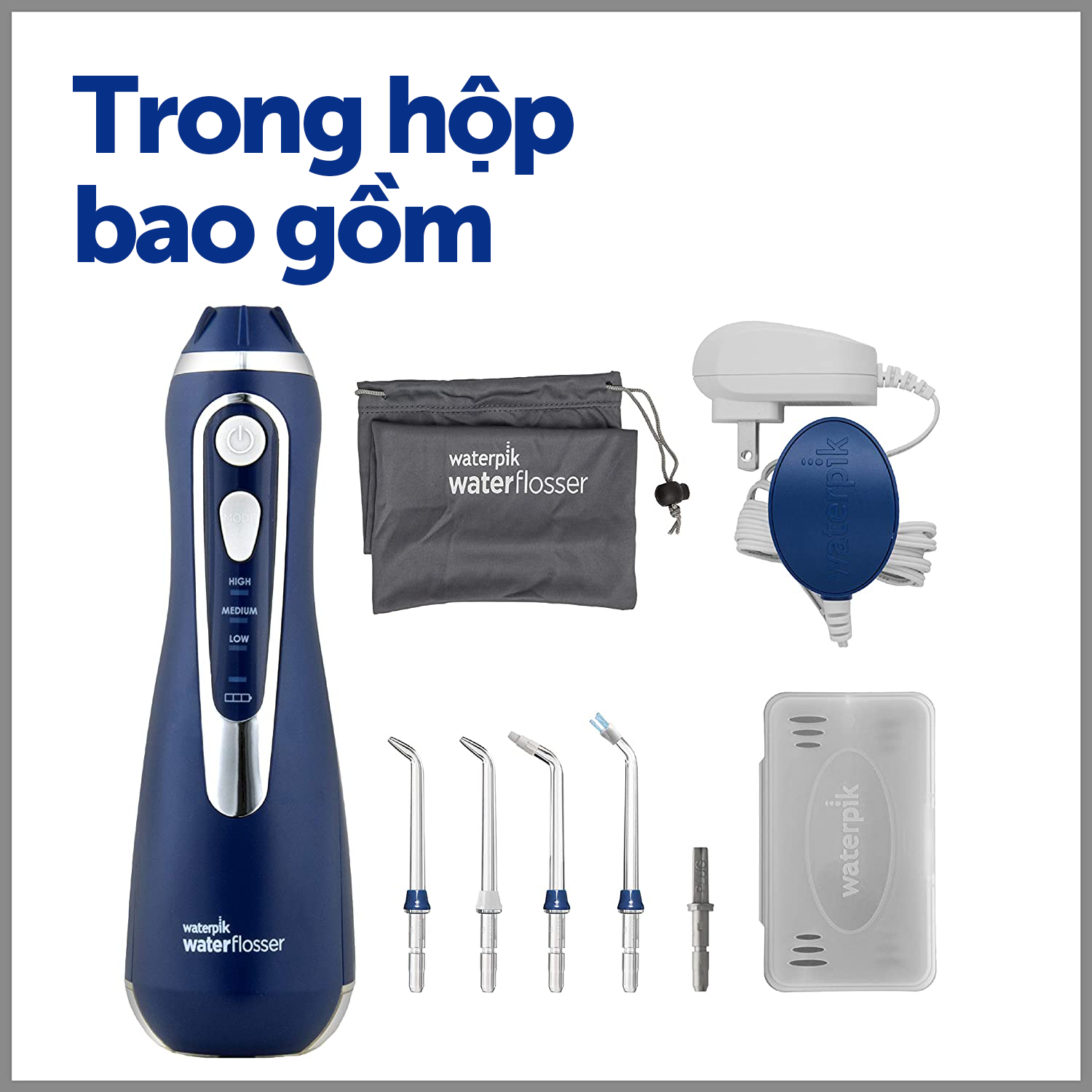 Tăm nước Waterpik WP-562 (Đen) bao gồm nhiều phụ kiện kèm theo