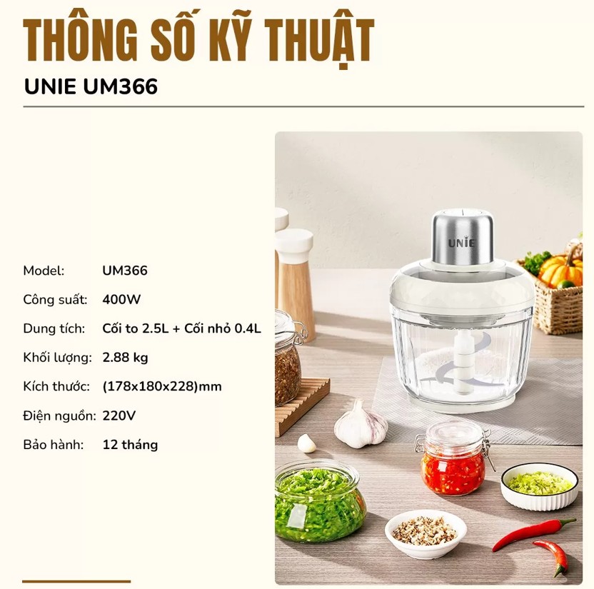 Máy xay thịt UNIE UM366 dung tích 2,5L, 2 cối xay thủy tinh, đánh ruốc, bóc tỏi tiện lợi