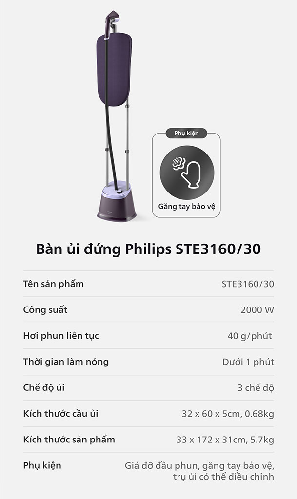 [GIẢM 30%] [HÀNG CHÍNH HÃNG] Bàn ủi hơi nước đứng Philips STE3160/30 công suất 2000W
