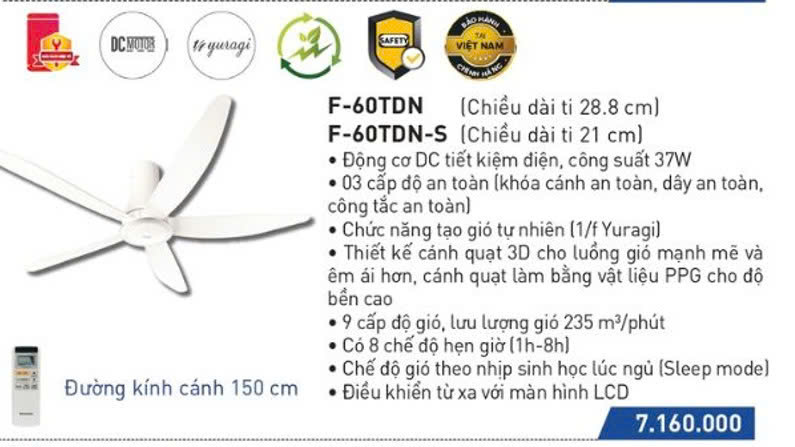 [HÀNG CHÍNH HÃNG] Quạt trần PANASONIC F-60TDN Sản xuất tại Malaysia