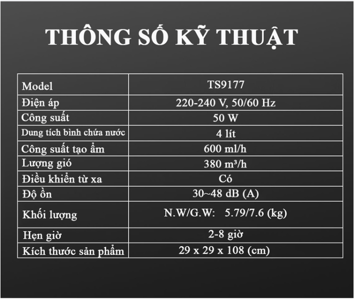 [HÀNG CHÍNH HÃNG] Quạt Tháp Hơi Nước Tiross TS9177