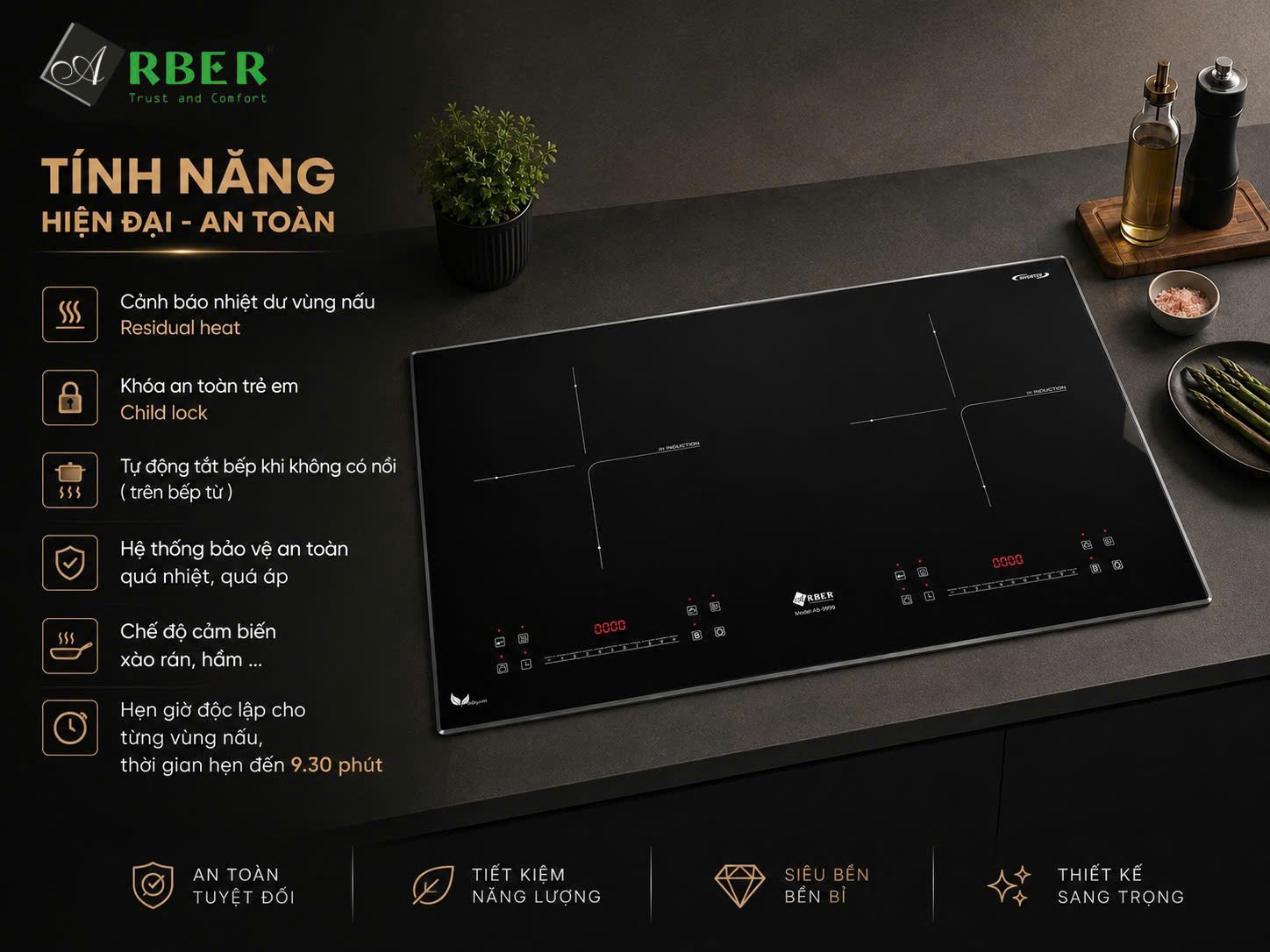 [HÀNG CHÍNH HÃNG] Bếp từ đôi cao cấp AB8999 công suất 4000W, xuất xứ thương hiệu Đức