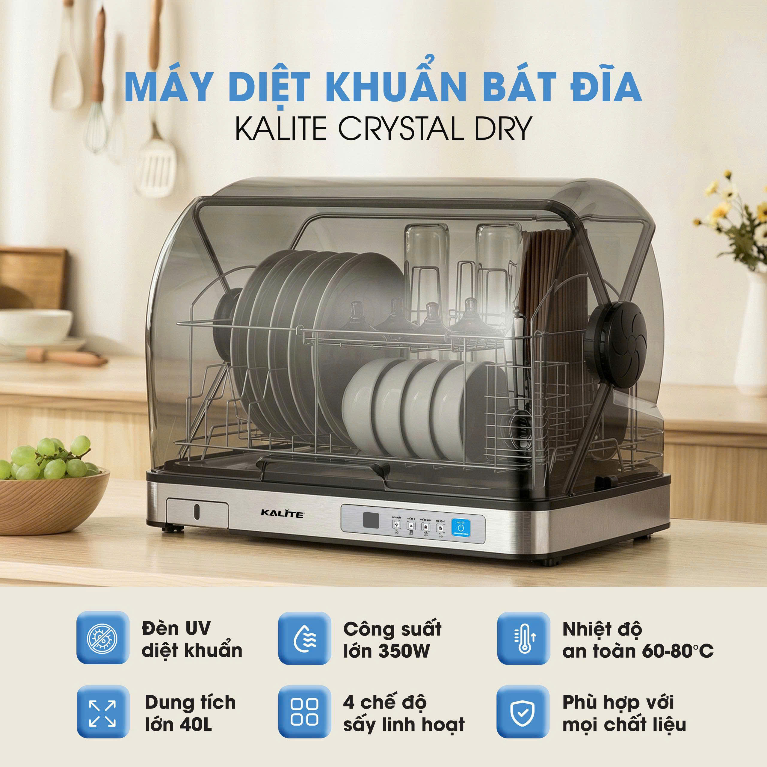 Máy diệt khuẩn bát đĩa Kalite Crystal Dry sấy khô, khử khuẩn UV