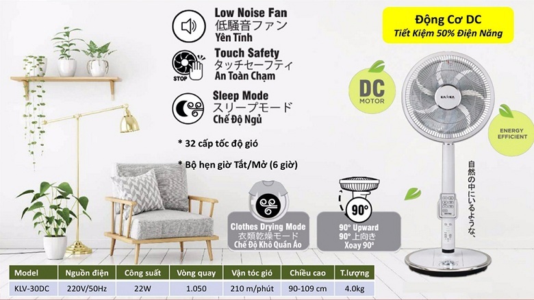 [HÀNG CHÍNH HÃNG] Quạt cây Kadeka KLV-30DC 32 tốc độ gió