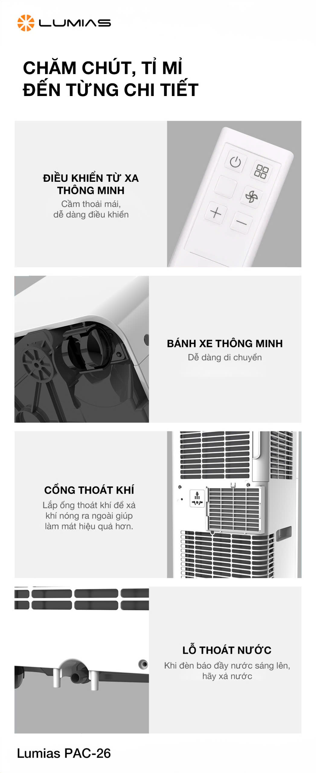 [HÀNG CHÍNH HÃNG] ĐIỀU HÒA DI ĐỘNG LUMIAS PAC-26 với 3 chức năng LÀM LẠNH/ HÚT ẨM/ THỔI GIÓ.