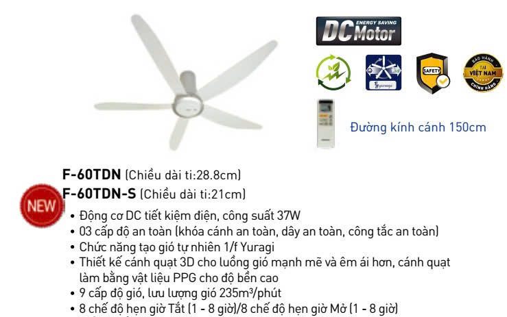 [HÀNG CHÍNH HÃNG] Quạt trần PANASONIC F-60TDN Sản xuất tại Malaysia