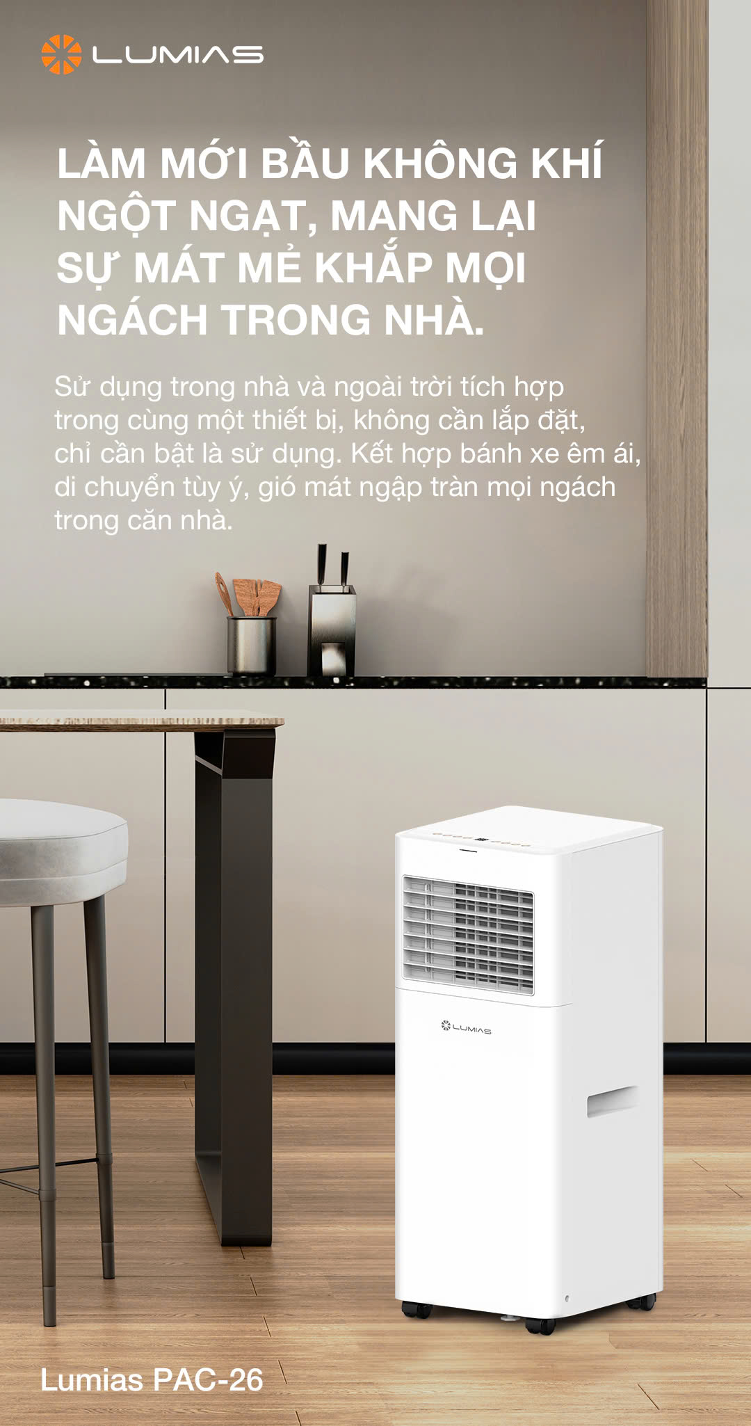 [HÀNG CHÍNH HÃNG] ĐIỀU HÒA DI ĐỘNG LUMIAS PAC-26 với 3 chức năng LÀM LẠNH/ HÚT ẨM/ THỔI GIÓ.
