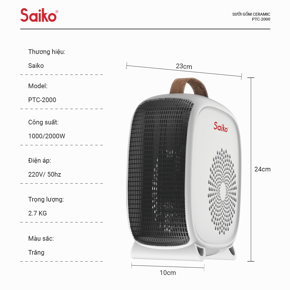 {HÀNG CHÍNH HÃNG} Máy Sưởi Mini Saiko PTC-2000 (2000W)