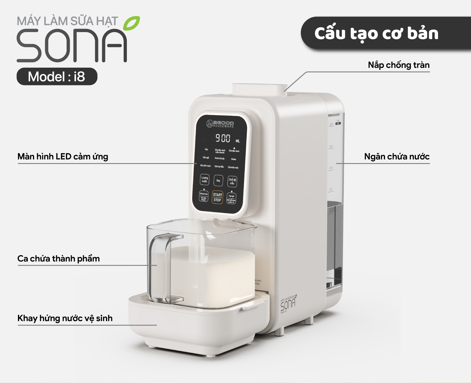 [HÀNG CHÍNH HÃNG] Máy Làm Sữa Hạt Tự Động 2GOOD SONA i8 / SONA i7- Tự Động Nấu, Tự Động Vệ Sinh