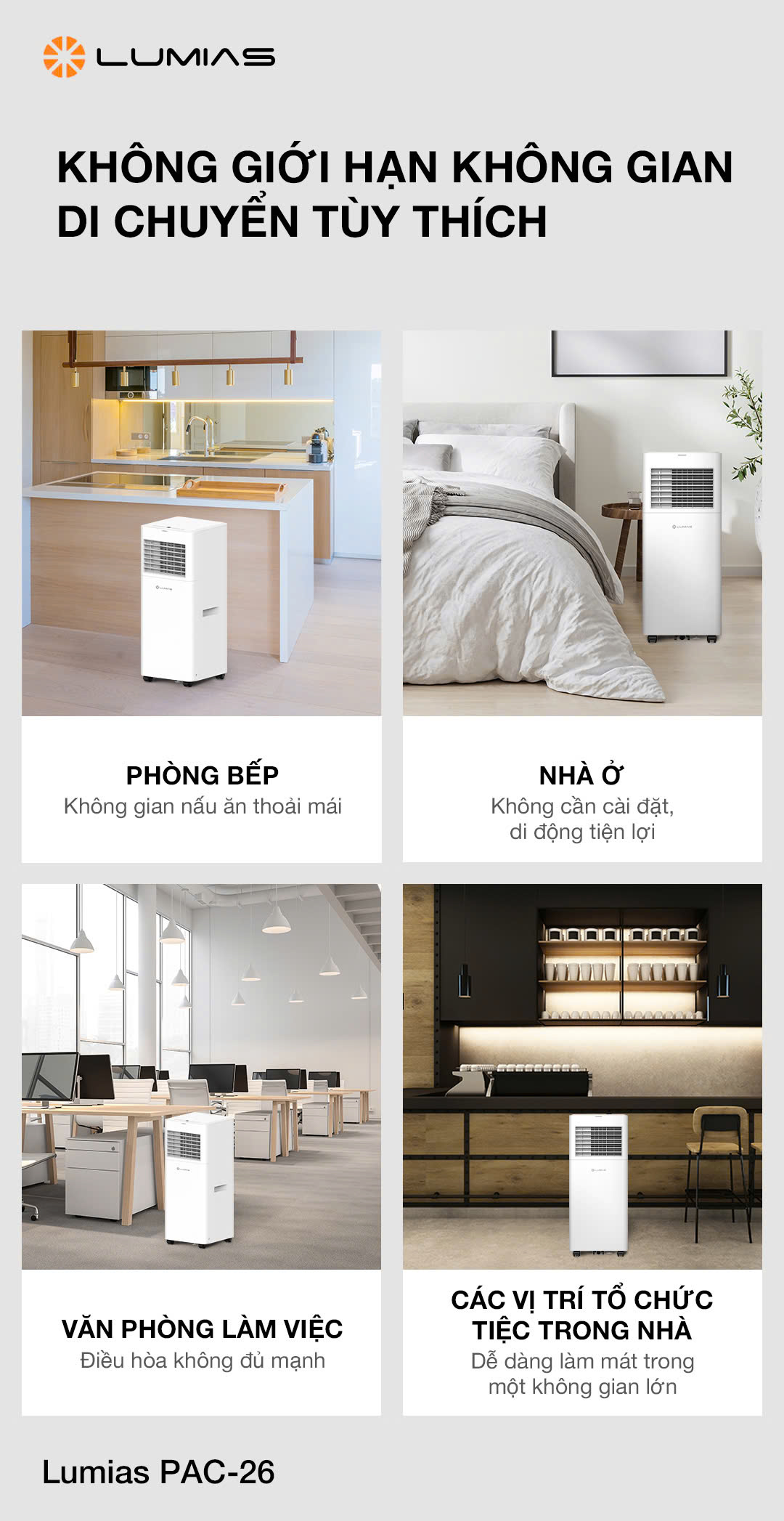 [HÀNG CHÍNH HÃNG] ĐIỀU HÒA DI ĐỘNG LUMIAS PAC-26 với 3 chức năng LÀM LẠNH/ HÚT ẨM/ THỔI GIÓ.