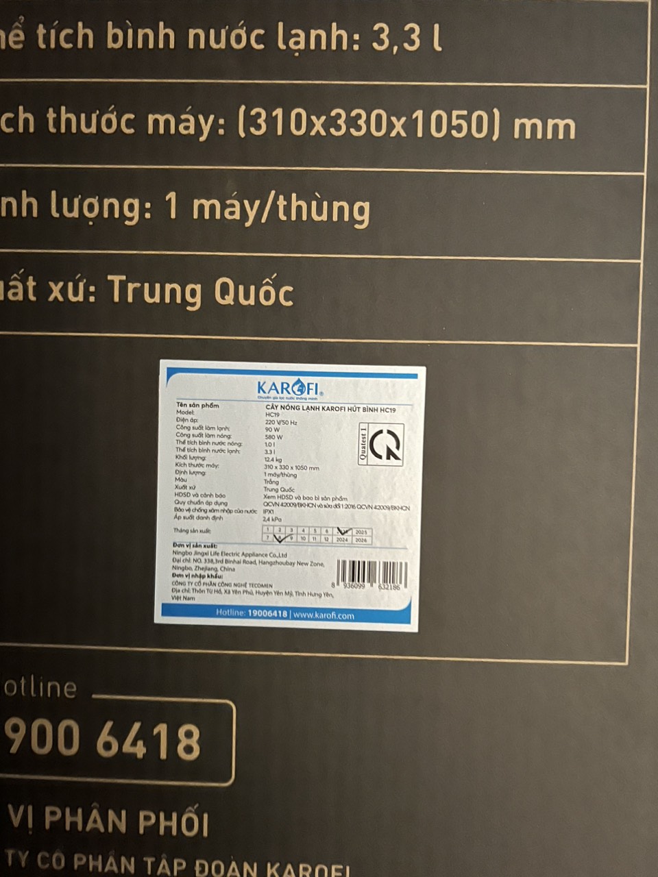 [CHÍNH HÃNG][QUÀ TẶNG 500K] Cây nước nóng lạnh hút bình Karofi HC19