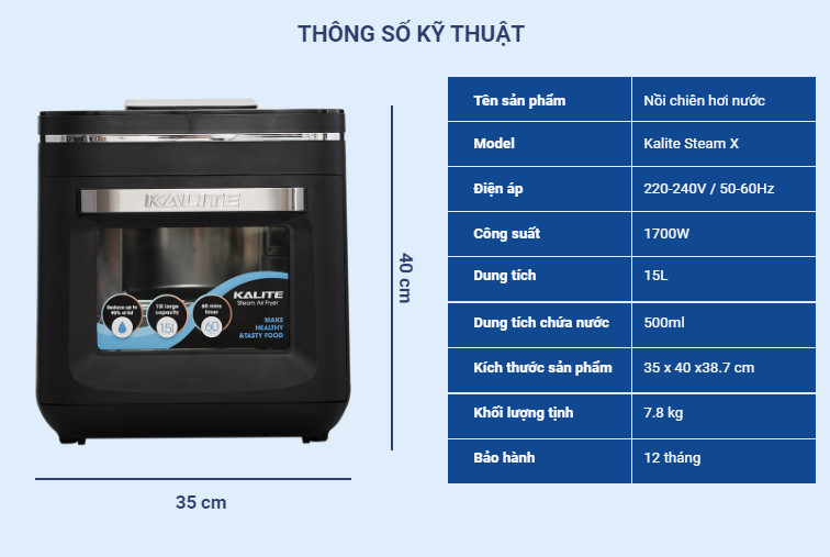 [QUÀ TẶNG TRỊ GIÁ 200K] Nồi Chiên Không Dầu Kết Hợp Hấp Kalite Steam X - Công Suất 1700W, Dung Tích 15L - Hàng Chính Hãng